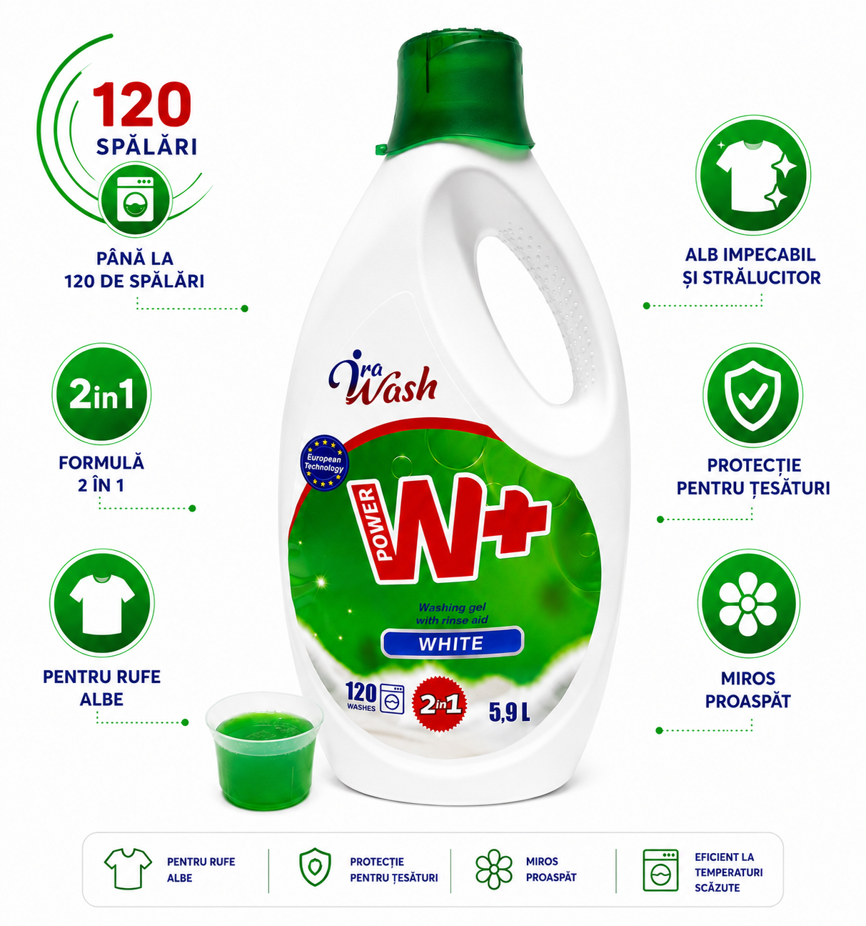 Ira Wash Power W+ White – Gel de spălat pentru rufe albe, 5,9 L – 120 spălări