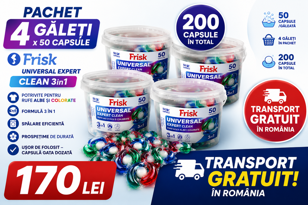 Pachet 4× Frisk Universal Expert Clean 3in1 – 200 Capsule – Transport Gratuit