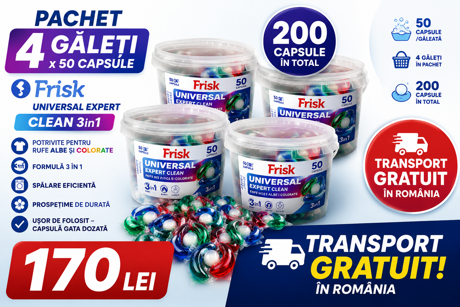 Pachet 4× Frisk Universal Expert Clean 3in1 – 200 Capsule – Transport Gratuit