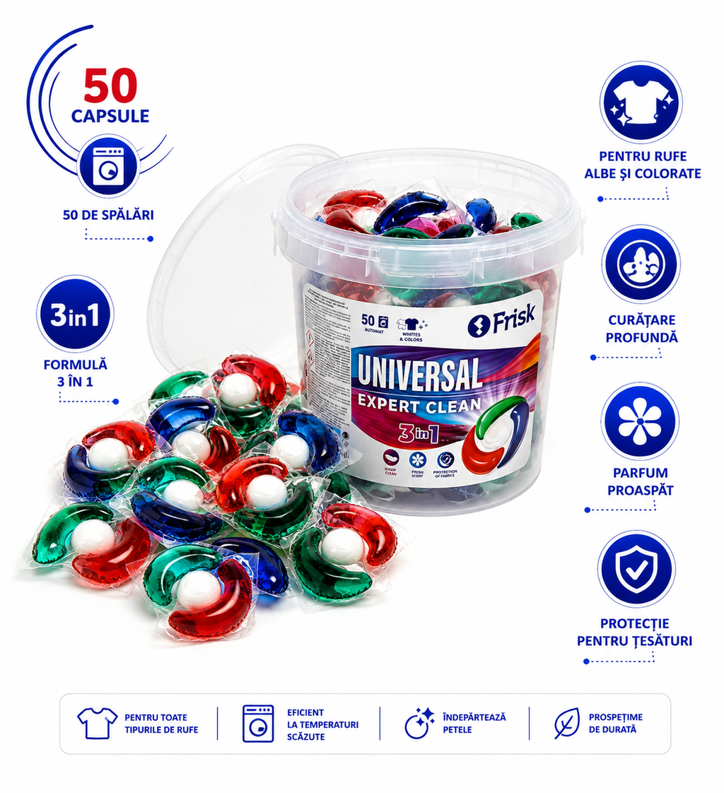 Frisk Universal Expert Clean 3in1 – Capsule Detergent Rufe, 50 Spălări