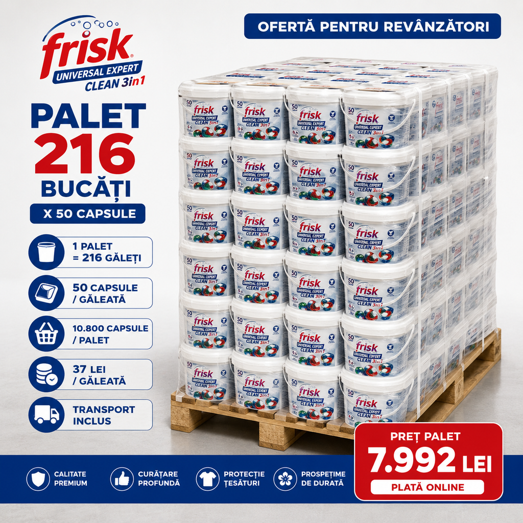 Frisk Universal Expert Clean 3în1 – Palet 216 buc. × 50 capsule – Transport inclus