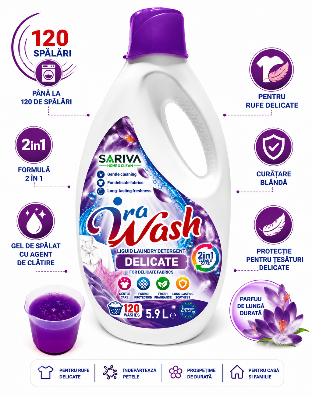 Detergent Lichid Ira Wash Delicate 5,9 L – 120 Spălări, 2 în 1 pentru Rufe Delicate