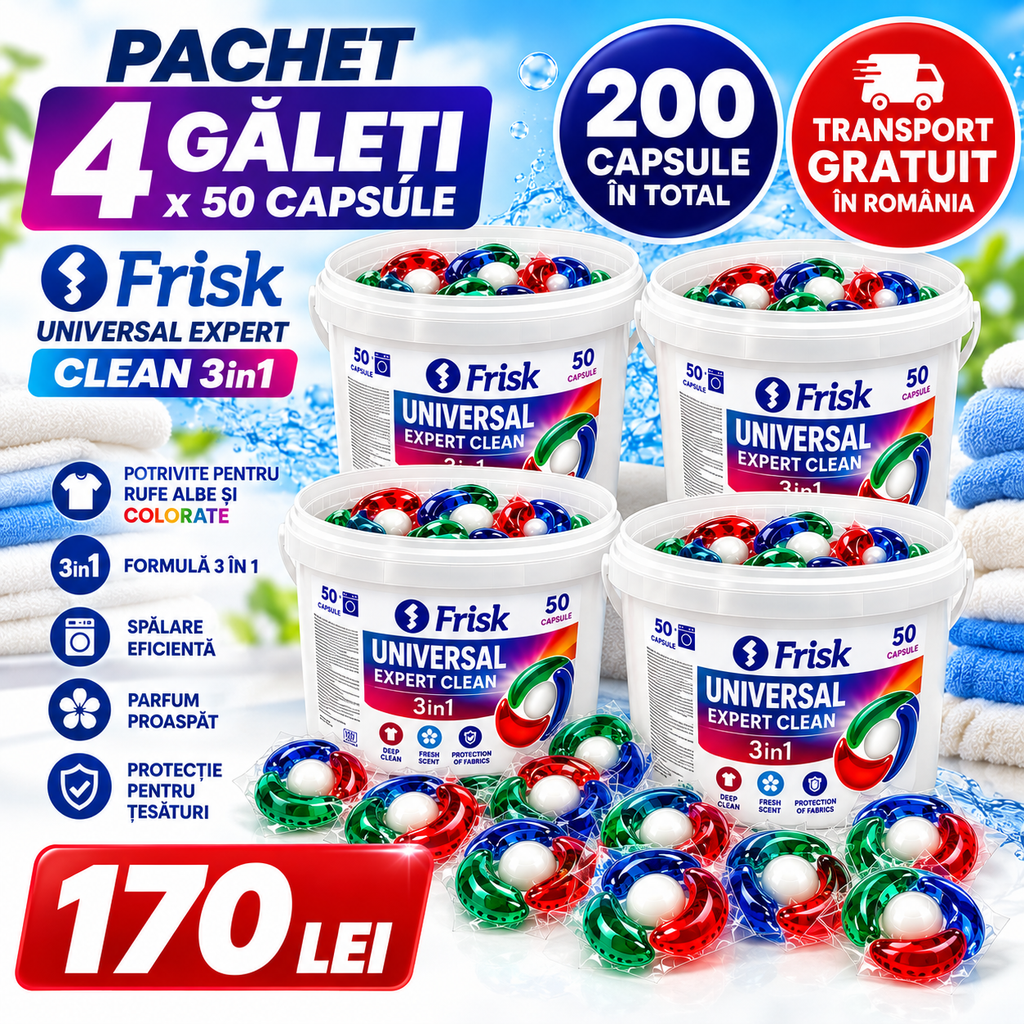 Capsule Detergent Frisk Universal 3 în 1 – 200 Capsule pentru Rufe Albe și Colorate – Pachet 4 Găleți x 50