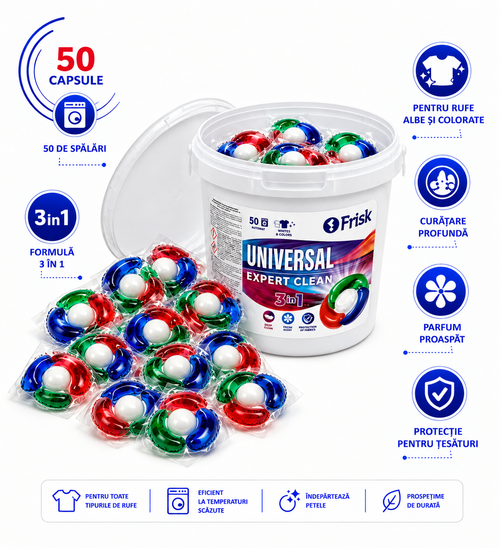 Capsule Detergent Frisk Universal 3 în 1 – 200 Capsule pentru Rufe Albe și Colorate – Pachet 4 Găleți x 50