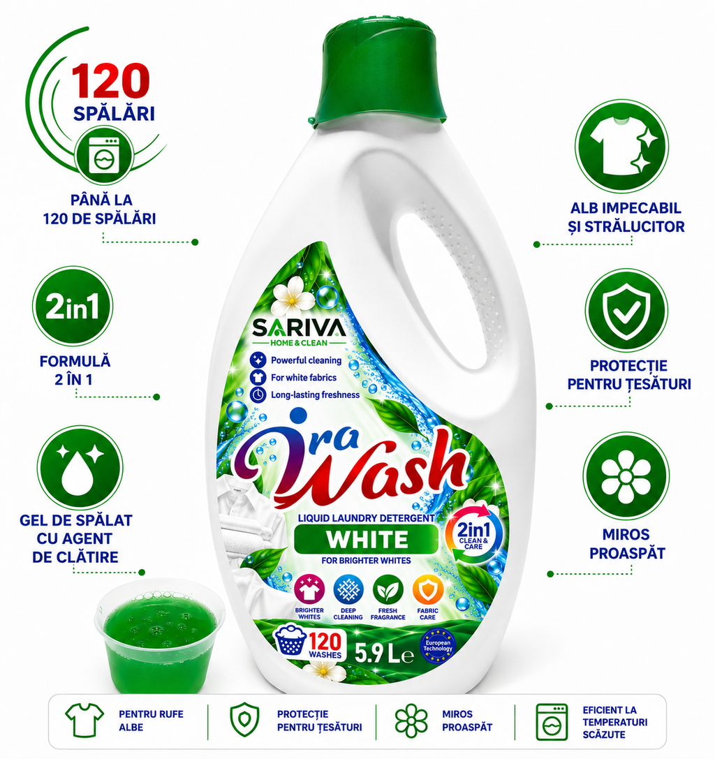 Detergent lichid rufe albe Ira Wash White 5,9 L – 120 spălări
